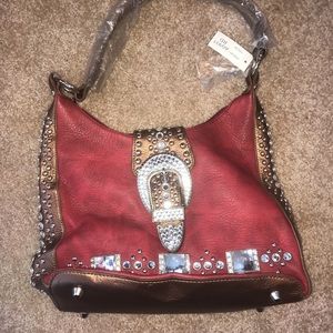 Red and Brown Purse with Rhinestones and Buckle